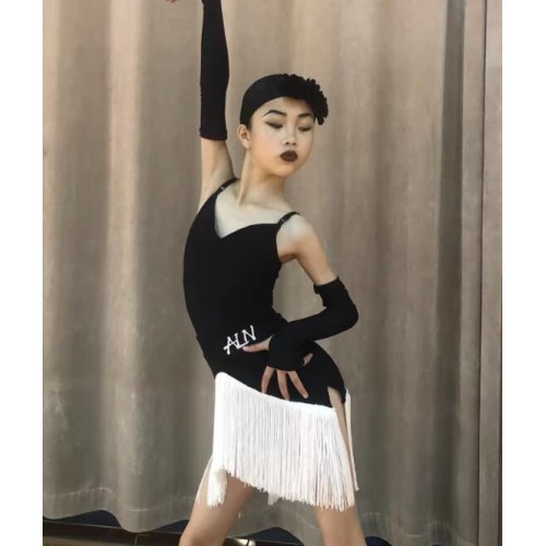 Black with white fringe competition ballroom latin dance dresses for girls kids salsa rumba stage performance costumes for children